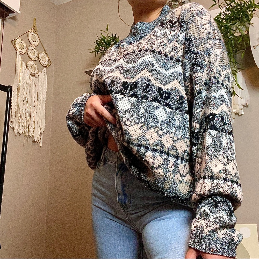 Vintage 80s Slouchy Fair Isle Funky Pattern Crochet Club Sweater - Picture 2 of 8